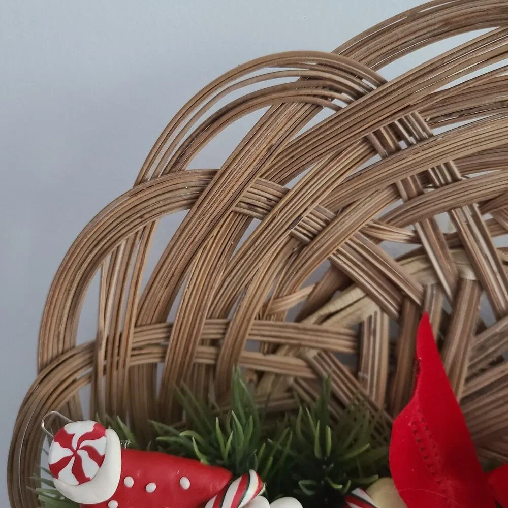 Vintage Wicker Christmas Wreath Wall Hanging With Clay Santa + Greenery + Ribbon